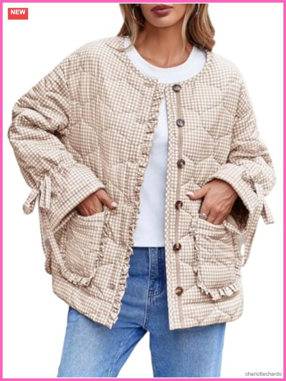 Quilted Puffer Jacket Button Down Plaid Bow Padded Coat